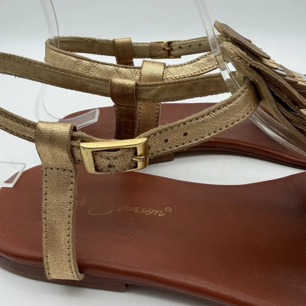 Matt Bernson Gold Silver Metallic Fringe Leather Ankle Strap Flat Sandals US 8